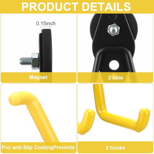 Image of Landhoow 6 Pcs Large Magnetic Hooks Heavy Duty Garage Magnet Hooks Strong Storage Utility Magnetic Hangers with Anti Slip Rubber Coating for Indoor and Outdoor Hanging (Yellow)