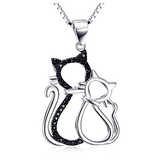 Nas Collana d’argento sterling 925, da donna, con ciondolo a forma di due gatti, ornato con zirconi. 45 cm