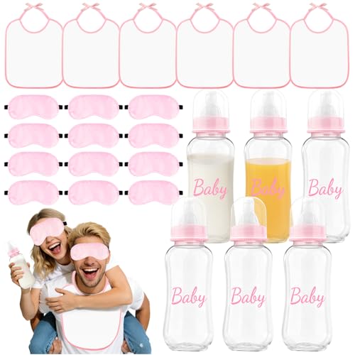 24 Pcs Baby Bottle Chug for Baby Shower Game, Juegos Para Baby Shower Bottle for Adult Gender Reveal Party Supplies, Include 6 Pcs Plastic Chug Bottles, 6 Pcs Bibs and 12 Pcs Eye Masks