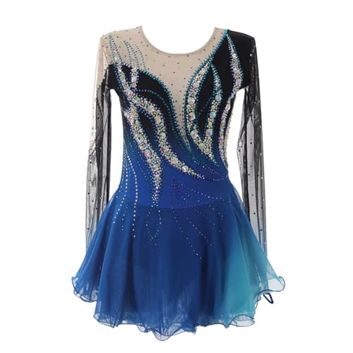 Nnnnydjy Women's Professional Figure Skating Dress Girls' Ice Skating Clothing Gymnastics Costumes Blue Black Halo Dyeing,Blue,XXXL