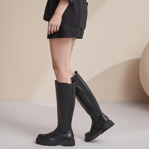 Women's Knee High Boots Platform Lug Sole Boots Stretch Round Toe Riding Boots Comfortable Calf Dress Long Boots2