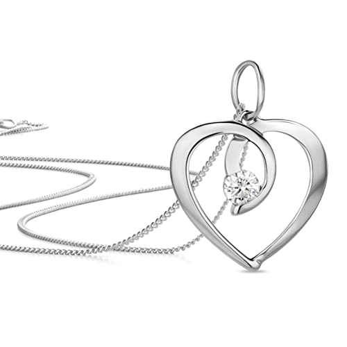 Orovi - Colgante Corazón de Oro Blanco con Circonita Cúbica talla brillante, Oro 9KT 375 auténtico, suministrado con Cadena de Plata de Ley 925, Colgante Corazón de Oro Pulido. Cadena Cm.45.