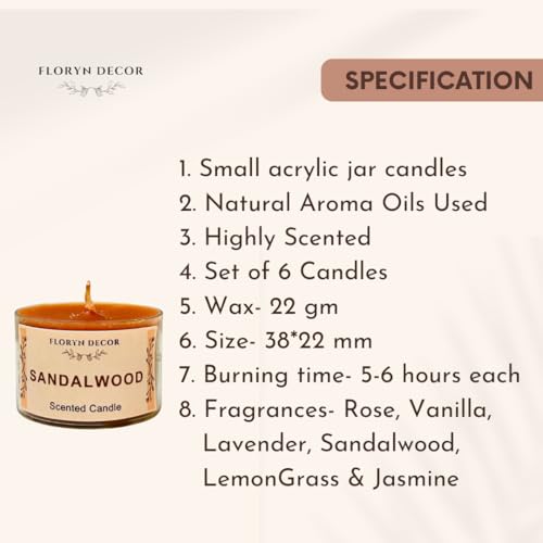 Image of Floryn Decor Small Scented Candles Gift Set for Home Decor | Non-Breakable and Reusable Jars | Perfect Return Gift | Fragrances - Lavender, Rose, Vanilla, Jasmine, Sandalwood, Lemongrass (6)
