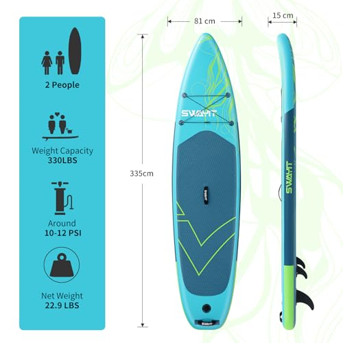 Inflatable Stand Up Paddle Board – Durable SUP with Adjustable Paddle,Dual Action Pump, Carry Bag, Ankle Leash, Non-Slip EVA Deck – All Skill Levels (Jellyfish Green) by SWAYIT - Image 2
