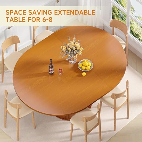 Extendable Round Dining Table: 47″–63″ Kitchen Table for 4 6 8 with Dust-Proof 2-Tier Storage Shelf Space Saving, Modern Farmhouse Expandable Wood Oval Circle Dinner Furniture with Pedestal Base - Image 5