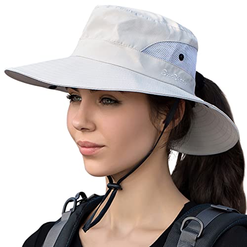 Women Ponytail Summer Sun Hat Wide Brim Uv Hats Floppy Bucket Cap For Safari Beach Fishing Gardening Pure Beige #TOP27