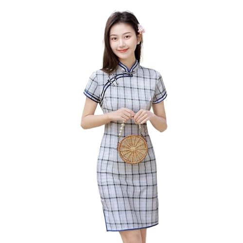 Cheongsam style chinois à carreaux col mandarin et coupe minceur