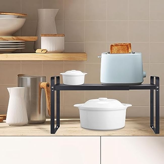 uxcell Expandable Cabinet Shelf Organizers, Kitchen Counter Shelves, Metal Spice Racks, Stackable Counter Storage Shelf (Black 14-23.6 L x 11 W x 10.3 H)