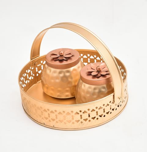 Image of Sanvatsar Square Shape Metal Basket with Jar Tray 4 Copper Flower Container Dry Fruits Chocolate Sweets Candys Gifts Set for Office, Home Decor Table Decoration Item (Pack o2 Round)