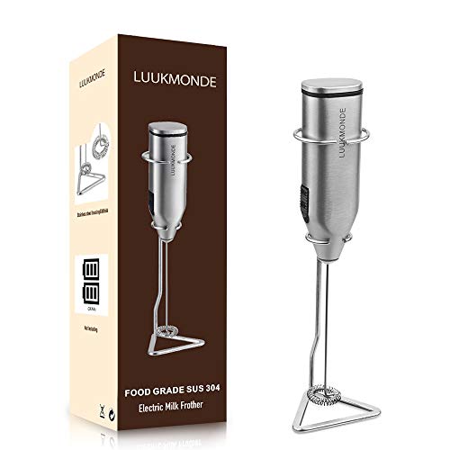 Electric Milk Frother Stainless Steel Handheld Small Whisk Battery Operated with Stand Automatic