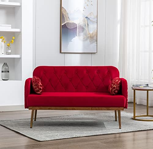 55-inch Small Velvet Couch with Elegant Moon Shape Pillows, Twin Size Loveseat Accent Sofa with Golden Metal Legs, Living Room Sofa with Tufted Backrest, 600 Pounds Weight Capacity, Red