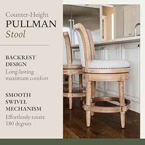 Maven Lane Pullman 26 Inch Tall Counter Height Upholstered Barstool with Back in Weathered Oak Finish with Sand Color Fabric Cushion Seat Set of 3