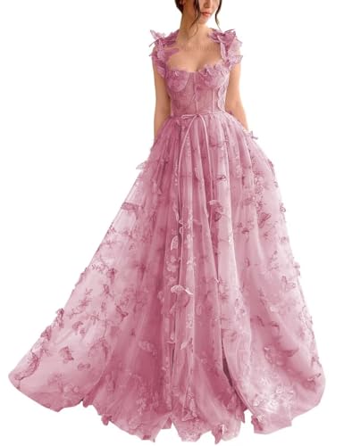 Image of YUAOHUANG Corset Long Tulle Prom Dresses Butterfly Prom Dress for Women Lace Applique Fairy Ball Gown Butterfly Gowns