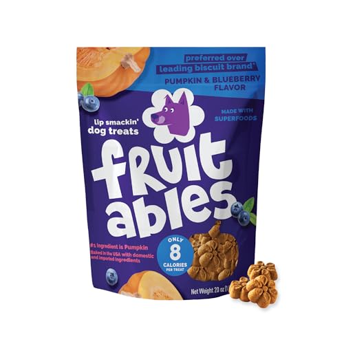 Fruitables Baked Dog Treats Pumpkin Snacks for Dogs Low Calorie & Delicious No Wheat Corn or Soy Healthy Puppy Training Treats Made in The USA Pumpkin and Blueberry Flavor 20oz