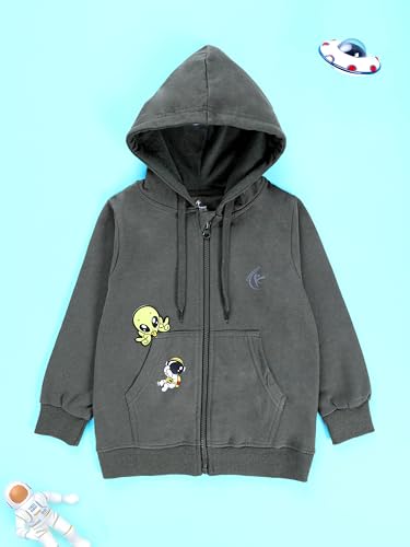Image of KiddoPanti Boys Solid Cotton Full Sleeve Zip-Up Front Open Hooded Sweatshirt