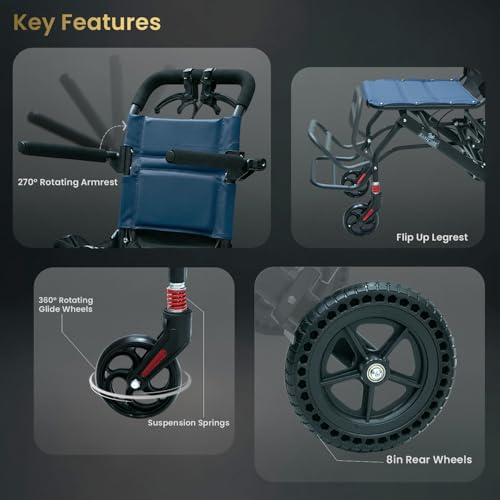 Image of EASYCARE - Portable, Metal, with Attendant Break, feature Safety Belt, Back Pocket and Carry Bag, Easy for Mobility Travelling Wheelchair (Blue Travel Wheelchair)