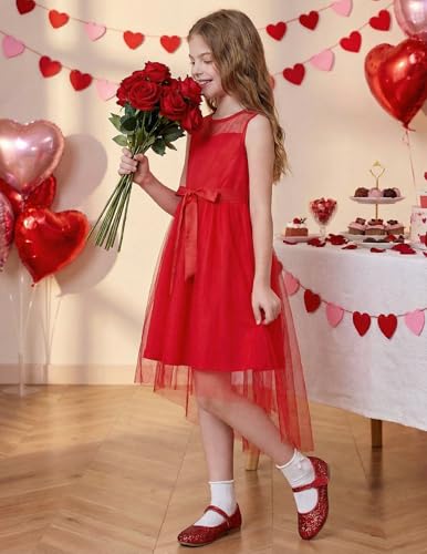Image of Arshiner Girls Dresses Formal Party Wedding Tulle Sleeveless Contrast Mesh High Low Dress with Belt