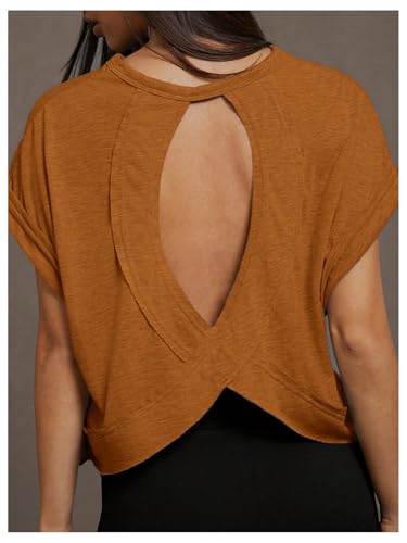 Image of SOLY HUX Women Open Back Tops Workout Backless Tee Casual Athletic Shirts Short Sleeve Oversized Gym T Shirt