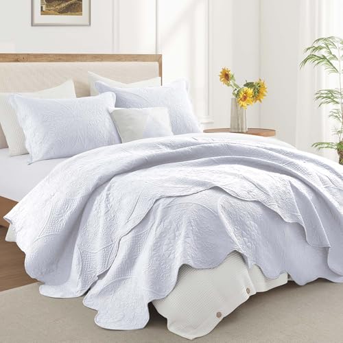 IR Imperial Rooms Queen Quilt Bedding Set Size (90" x 96") + 2 Pillow Shams (20" x 26"+ 2") - 3 Pcs All Season Lightweight Reversible Microfiber Coverlet Floral Embossed Quilt Bedspread (White)