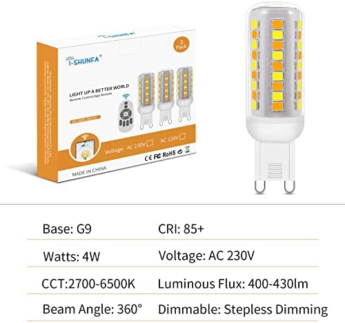 I-SHUNFA Smart Wireless Dimmable G9 LED Bulb Lamp,2835 SMD 58 LED Lights, Multicolor Dimmable G9 Led Bulbs Compatible with Remote and Mobile Phone, 2700K-6500K, 4W/230V 430Lumens 3 Pack (3)