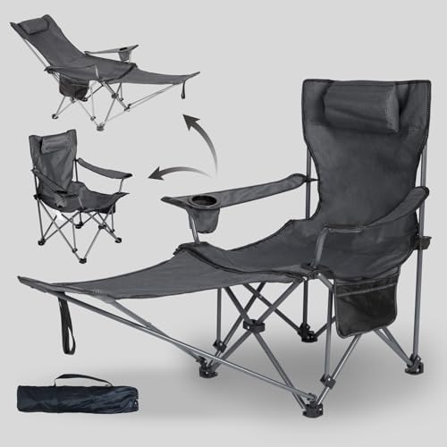 Folding Reclining Camping Chairs Footrest: 3 in 1 Portable Beach Lounge Chair Tanning Chairs with Backpack Lay Flat Lawn Chair Camping Furniture Camp Fishing Outdoor Carry Bag (Cloth Back, Grey)