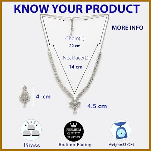 Image of ZENEME Rhodium Plated Brass Silver Toned Floral & Tear Drop Blue Crystal American Diamond Necklace With Earring Jewellery Set For Women
