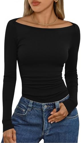 Aottori Langarmshirt Damen mit U-Boot-Ausschnitt Gerippt Oberteil Elegant | Dünn Pullover, Longsleeve, Stretch, Figurbetont, Rippshirt, Oberteil, Basic Top, Herbst Winter, Enge Pas
