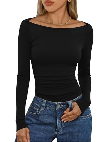 Aottori Langarmshirt Gerippt Damen Elegant Stretch Oberteile Slim Fit Pullover T-Shirt RIPP Einfarbig Basic Top Schwarz S