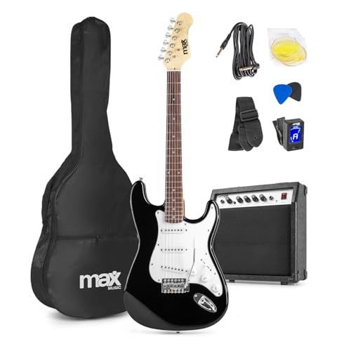 Max GIGKIT Beginner Electric Guitar Kit with 40W Amplifier, Accessories & 6 Months Lessons - Complete Starter Set Ideal for Adults & Kids, Black Gloss Finish Guitar with AUX Input & EQ Control