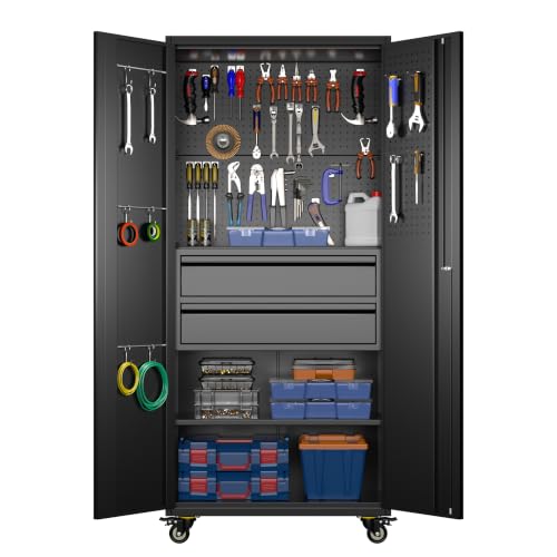 Image of Aobabo Metal Garage Cabinets on Wheels, Lockable Cabinet with 2 Drawers