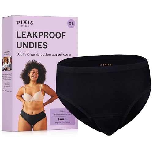 Pixie Period Underwear for Women, Teens & Plus Size – Leakproof Bikini with BloatFit™ Technology, Soft & Breathable with Organic Cotton Gusset, Absorbs 5-7 Tampons - Size XL Black