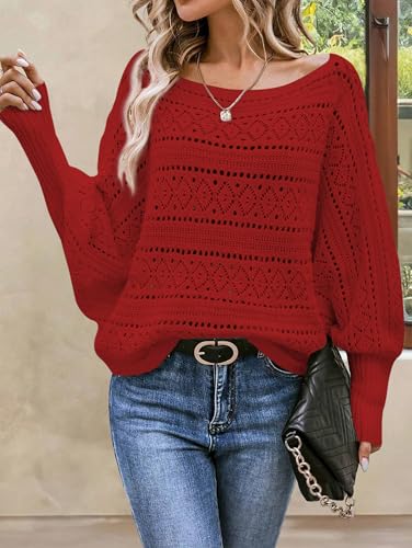 Image of Cakulo Womens Off Shoulder Sweater Top Fall Outfits Fashion 2025 Oversized Knit Batwing Long Sleeve Crochet Pullover Sweaters