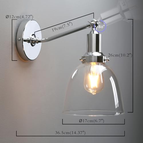 Image of PERMO Industrial Vintage Wall Sconce Chrome Wall Sconce with 6.7 inch Oval Dome Clear Glass Shade Light Lamp Fixture