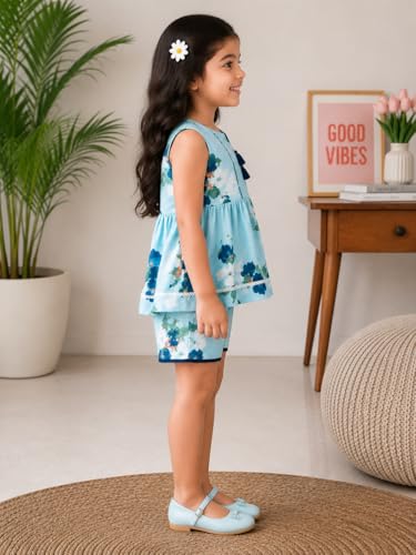 Image of superminis Girl's Top and Shorts |Coordinated Outfit| Sleevless Floral Print Top and Shorts Set| Summer Casual Outfit For Kids| 2-Piece Dress For Girls