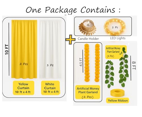 Image of Divyakosh Temple /Event Setup Items- Curtains, Cloth for Decoration Pooja with Light, Artfiicial Marigold Flowers | Decoration Setup for Haldi, Mandir, Mehendi | 11Pc Net Cloth (Yellow, White)