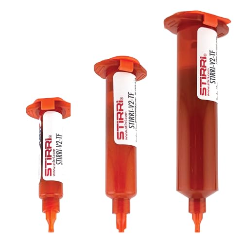 Image of STIRRI-V2-TF no-clean MT soldering tacky paste flux (ROL0) - 5g amber syringe kit with pine scent - for mid-range handsoldering electronics, BGA, hot air rework, SMD assembly