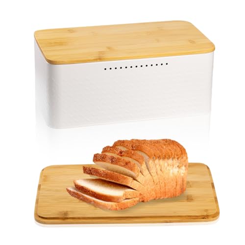feyiubmen Premium Brotkasten inkl. Bambusdeckel - Hochwertige Brotbox aus Karbonstahl für langanhaltende Frische und stilvolle Aufbewahrung 2in1 Funktion als Schneidebrett inkl. Brotsack - Weiß