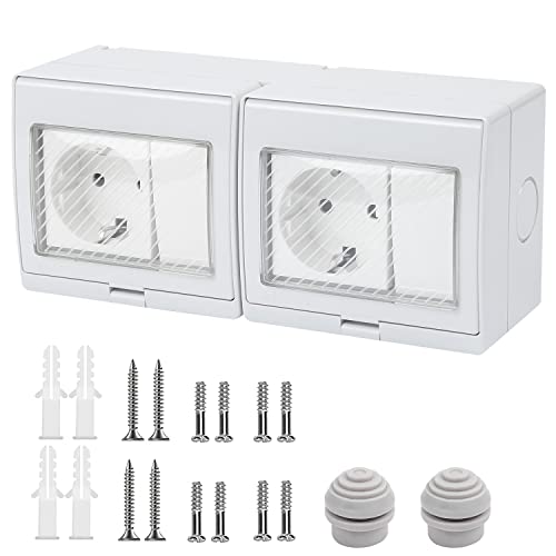 Außensteckdose Aufputz, Steckdose Aussenbereich, Aussensteckdose Wasserdicht mit Schalter, Doppelsteckdose IP55, Außenbereich, Garten, Außenwände, Feuchtraum (2) Cover