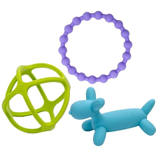 Image of WeeSprout Silicone Baby Teether Toys for Infant Babies and Toddlers, Cute Ring, Puppy Dog, and Ball, Soft and Flexible, BPA Free, Boys and Girls (Bright Green, Purple & Blue)