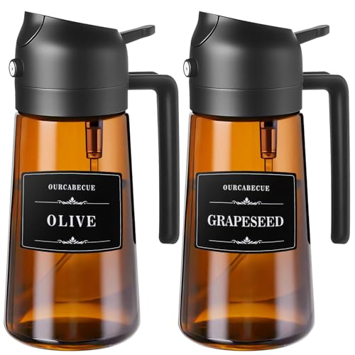 Image of Olive Oil Sprayer & Dispenser for Cooking, 16oz Dark Glass Oil Mister, 2PC | 2-in-1 Oil Sprayer & Pourer, Fine mist, Light-Blocking, Wide Mouth for Easy Refill & Clean, 8 Oil Labels, Reusable