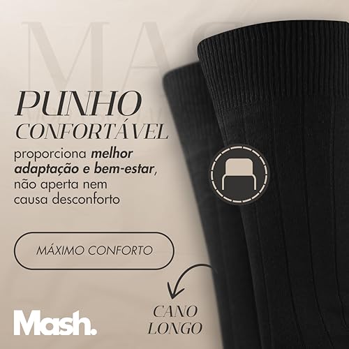 MASH Kit 3 Pares Meia Social Cano Longo Algodão Fina Canelada Masculino, 3 Preto, 39-42