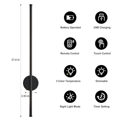 Image of Battery Operated Modern Wall Sconces, Dimmable Wireless Wall Light Set of Two with Remote Control, 3 Color Temperatures, Rechargeable LED Wall Sconce for Bedroom, Living Room, Hallway, 27.6 Inch Black