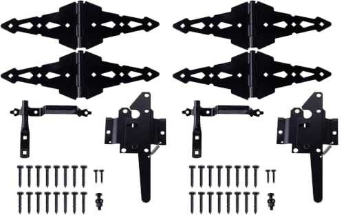 Image of HOME MASTER HARDWARE Wood Gate Hardware Set-Heavy Duty 8 inch Decorative Strap Hinges and Spring Loaded Latch Gate Kit with Screws for Outdoor Fence Swing Gate Black Finish (Pack of 2)