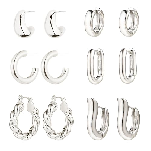 6 Pairs Gold Hoop Earrings for Women, 14K Gold Plated Huggie Hoop Earrings Set Hypoallergenic Lightweight Chunky Open Hoops Jewelry for Gift