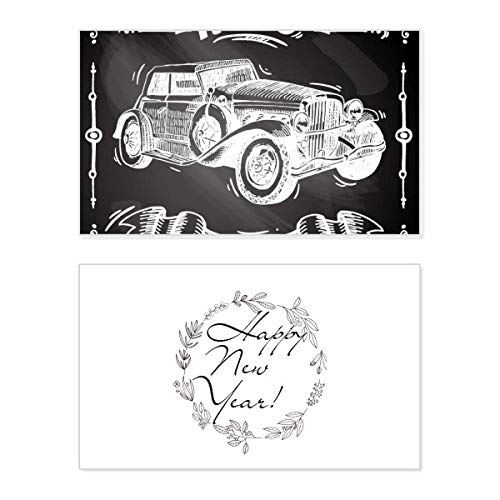 Tarjeta de felicitación de año nuevo con detallados coches clásicos pintados a mano
