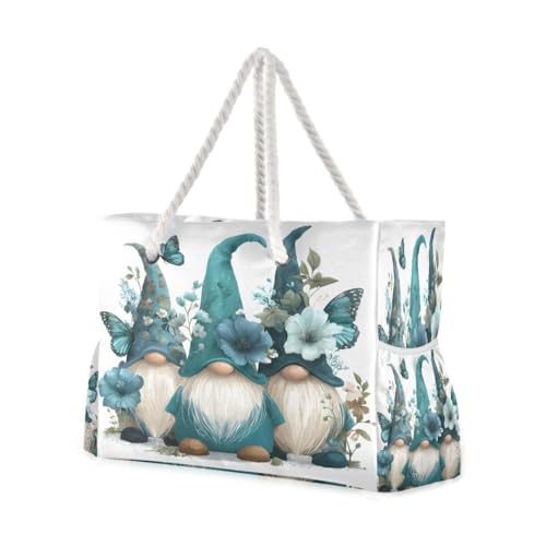 Large Beach Bags Totes Canvas Tote Shoulder Bag Butterfly Blue Flower Gnome Water Resistant Bags for Gym Travel Daily