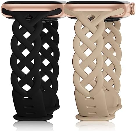 Braided Silicone Bands Compatible with Apple Watch 38mm 40mm 41mm 42mm 44mm 45mm 49mm for Women, Slim Thin Narrow Hollow-out Strap Cute for iWatch Ultra 2 Series SE 9/8/7/6/5/4/3/2/1 Women 2 Pack