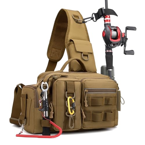 Fishing Tackle Storage Bag – Sling Waist Pack with Adjustable Widen Shoulder Straps, 12 Compartments for Fishing Gear, Lures, Hooks & Accessories Durable & Lightweight for Outdoor Anglers, Khaki