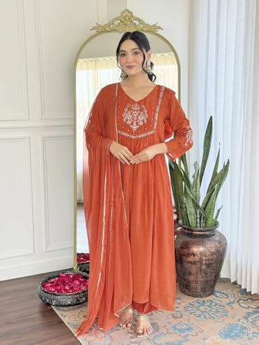 Image of Naixa Women's Silk Chiffon Embroidered A-Line Kurta with Rayon Pant and Silk Chiffon Laced Dupatta Sets (Available in Plus Size) (NX-661)