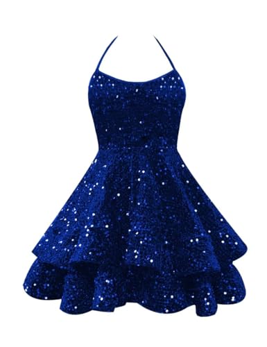 HUUTOE Sparkly Sequin Homecoming Dresses 2025 Spaghetti Straps Tiered Prom Dresses for Teens Short Cocktail Party Gowns
